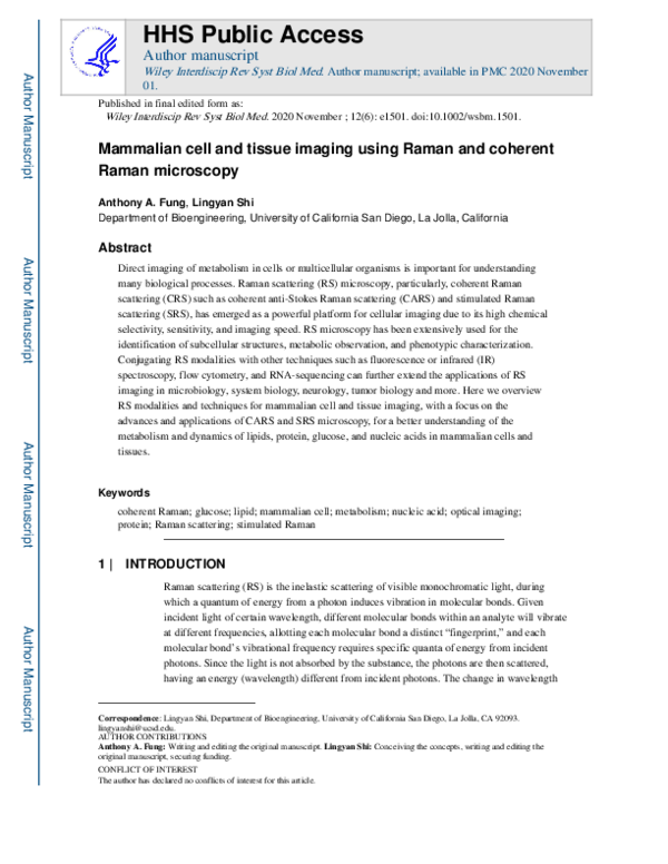 (PDF) Mammalian cell and tissue imaging using Raman and coherent Raman ...