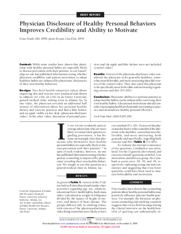 (PDF) Physician Disclosure of Healthy Personal Behaviors Improves ...