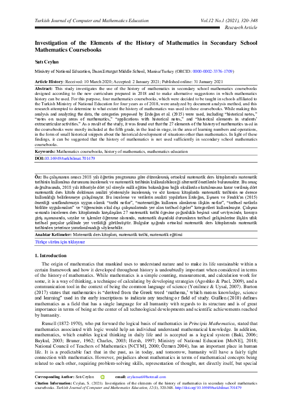 (PDF) Investigation of the Elements of the History of Mathematics in ...