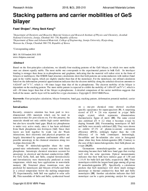 (PDF) Stacking patterns and carrier mobilities of GeS bilayer