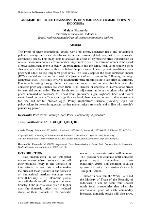 (PDF) Asymmetric Price Transmission of Some Basic Commodities in Indonesia