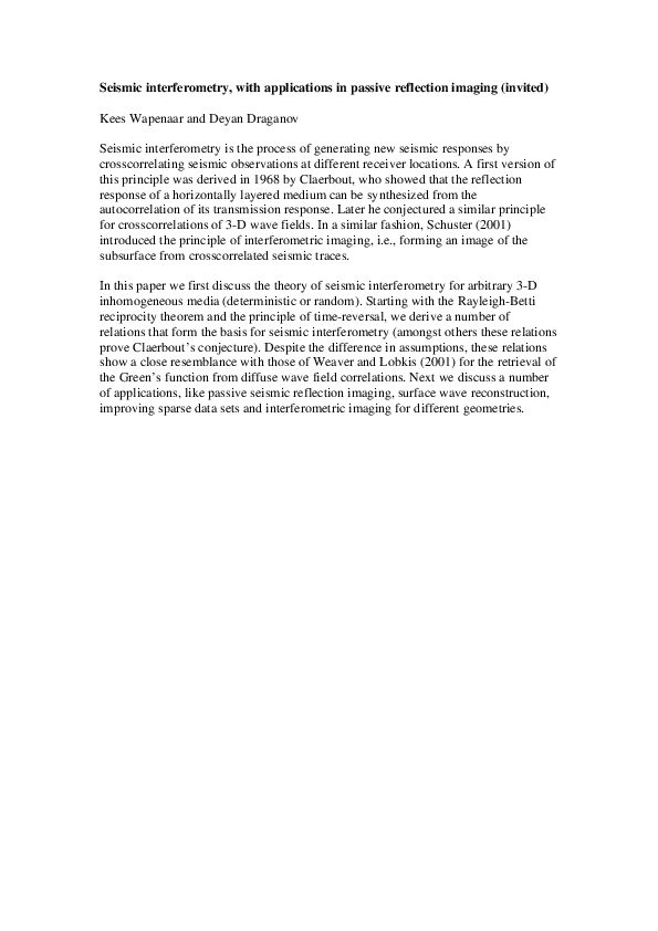 (PDF) Seismic interferometry, with applications in passive reflection ...