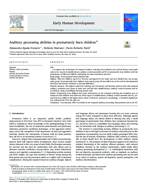 (PDF) Auditory processing abilities in prematurely born children