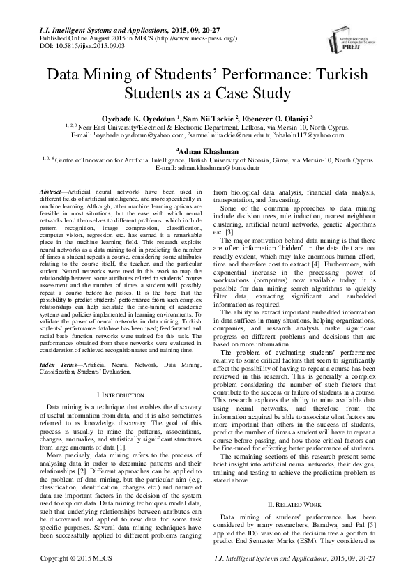 (PDF) Data Mining of Students’ Performance: Turkish Students as a Case ...