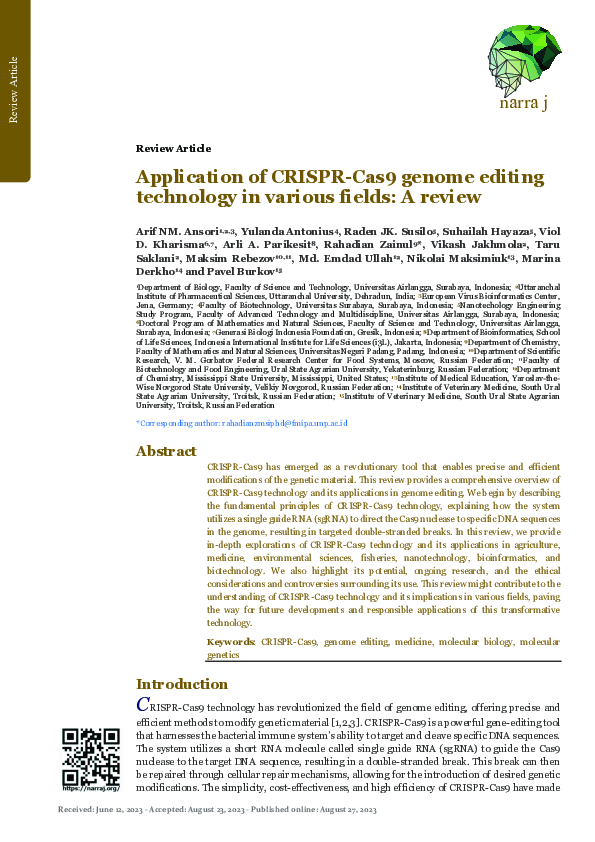 (PDF) Application of CRISPR-Cas9 genome editing technology in various ...