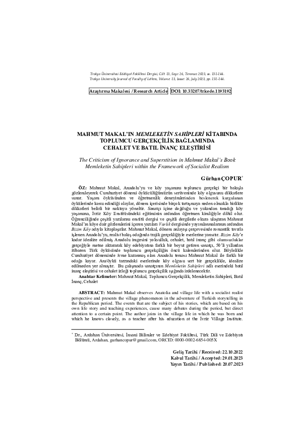(PDF) MAHMUT MAKAL’IN MEMLEKETİN SAHİPLERİ KİTABINDA TOPLUMCU ...
