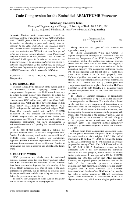 (PDF) Code compression for the embedded ARM/THUMB processor