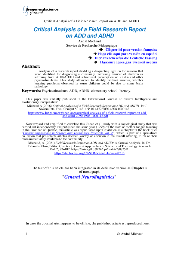 (PDF) Field Research Report on ADD and ADHD: A Critical Analysis