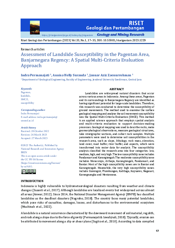 Pdf Assessment Of Landslide Susceptibility In The Pagentan Area