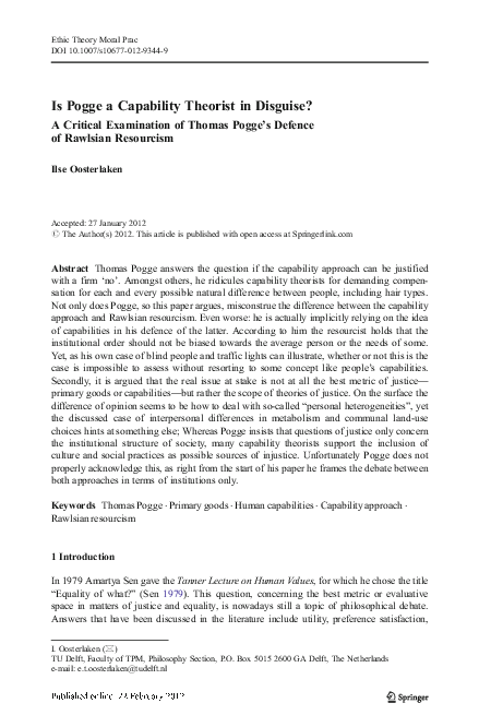 (PDF) Is Pogge a Capability Theorist in Disguise?- A Critical ...