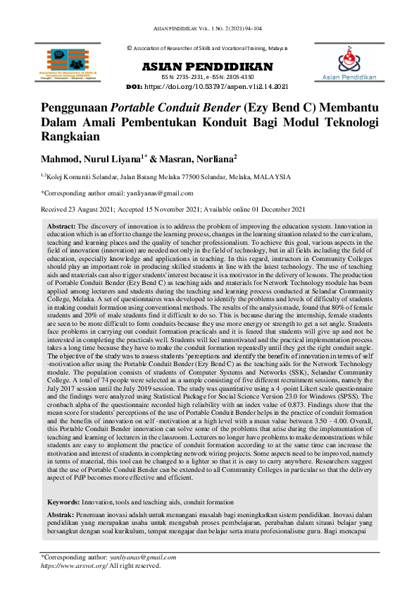 (PDF) Penggunaan Portable Conduit Bender (Ezy Bend C) Membantu Dalam ...
