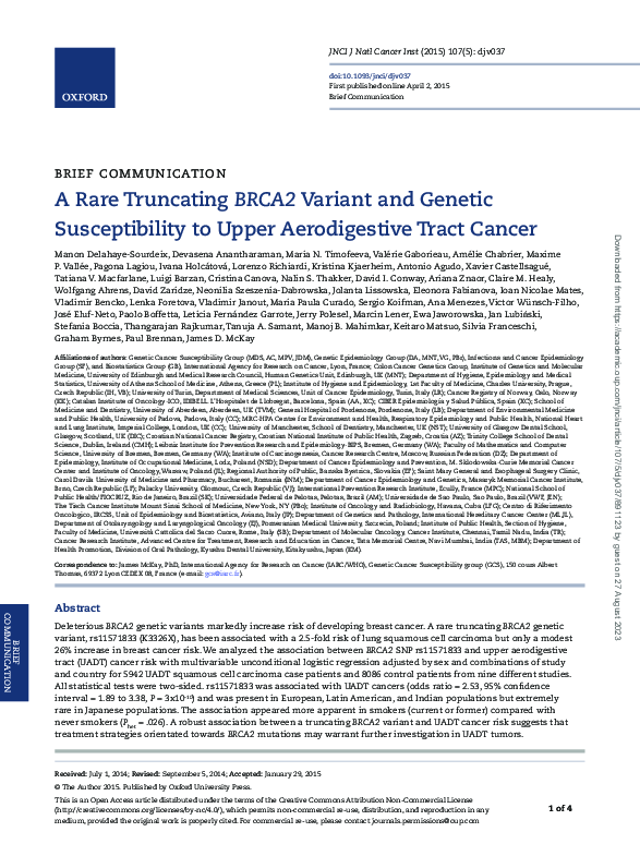 (PDF) A Rare Truncating BRCA2 Variant and Genetic Susceptibility to ...