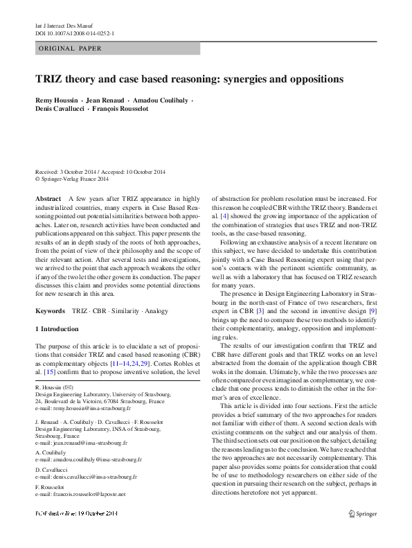 (PDF) TRIZ theory and case based reasoning: synergies and oppositions