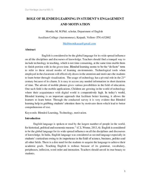 (PDF) ROLE OF BLENDED LEARNING IN STUDENT'S ENGAGEMENT AND MOTIVATION
