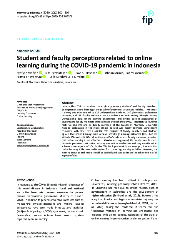 (PDF) Student and faculty perceptions related to online learning during ...