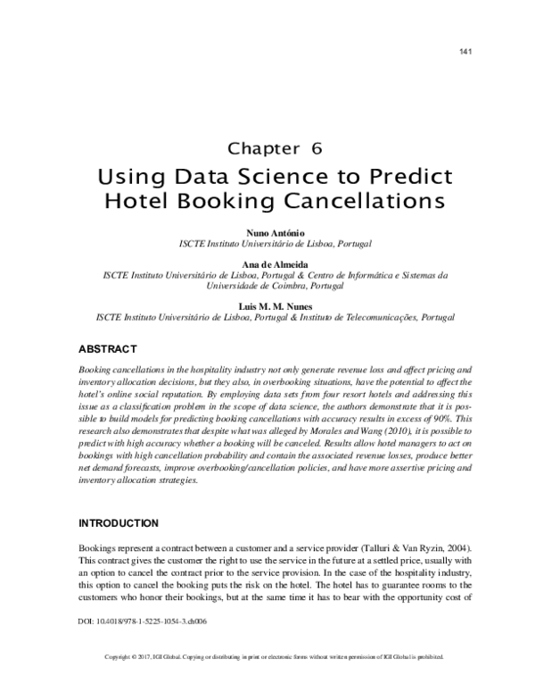 (PDF) Using Data Science to Predict Hotel Booking Cancellations