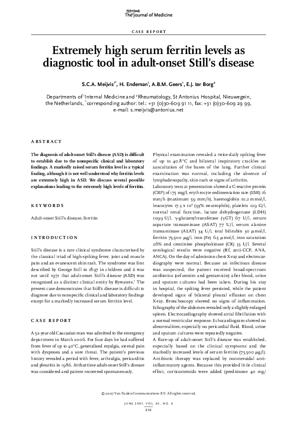 (PDF) Extremely high serum ferritin levels as diagnostic tool in adult