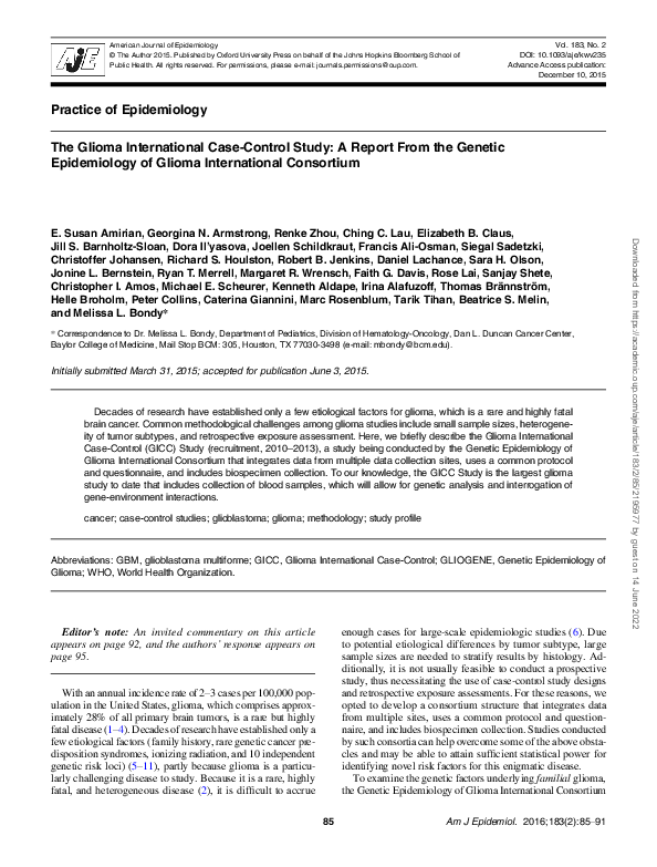 (PDF) The Glioma International Case-Control Study: A Report From the ...