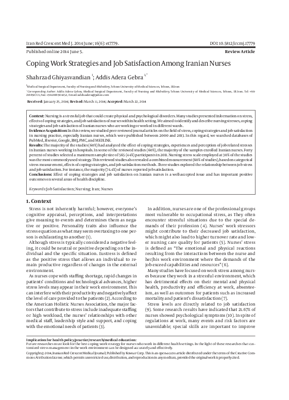 (PDF) Coping Work Strategies and Job Satisfaction Among Iranian Nurses