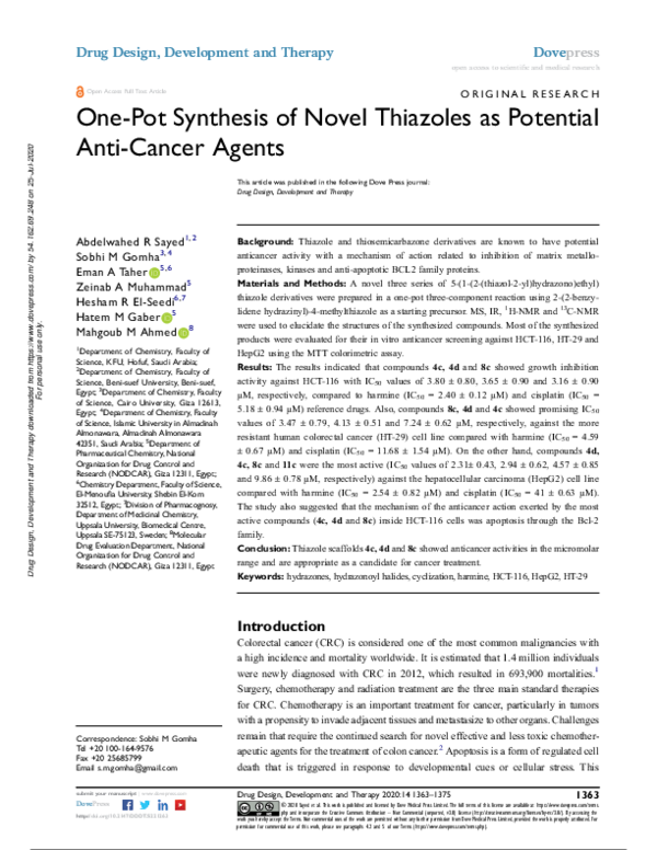 (PDF) One-Pot Synthesis of Novel Thiazoles as Potential Anti-Cancer Agents