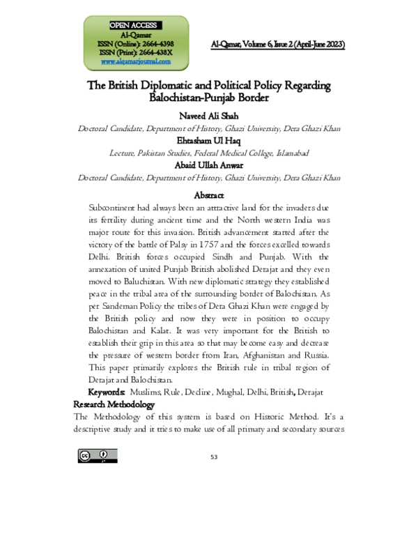 The British Diplomatic and Political Policy Regarding Balochistan-Punjab Border