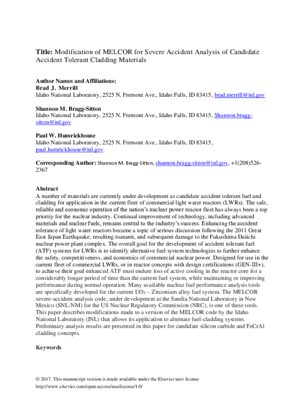 (PDF) Modification of MELCOR for severe accident analysis of candidate ...