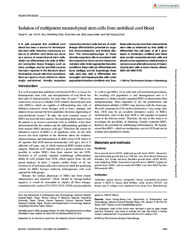 (PDF) Isolation of multipotent mesenchymal stem cells from umbilical ...