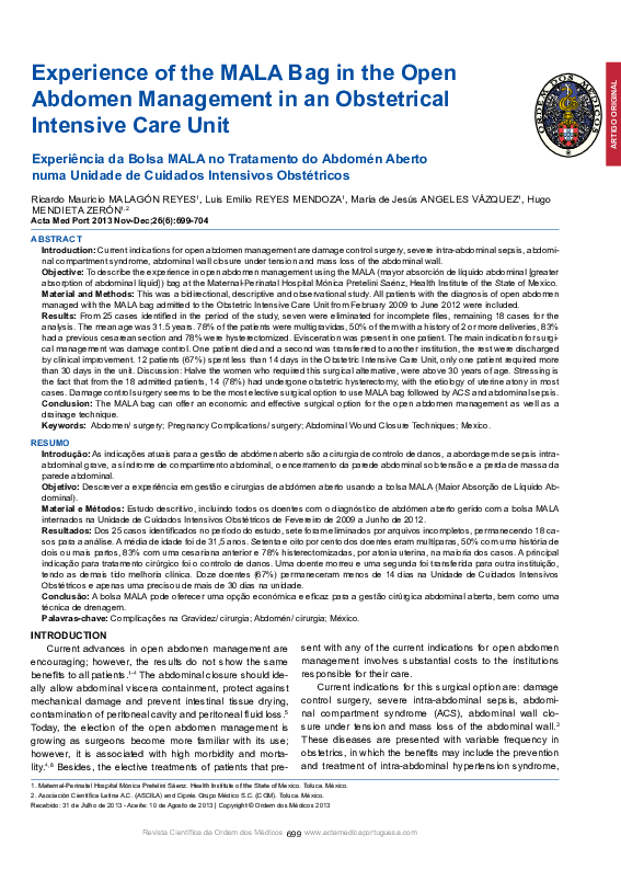 (PDF) Experience of the MALA Bag in the Open Abdomen Management in an ...