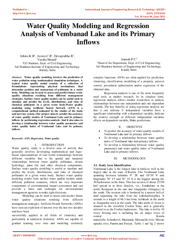 (PDF) Water Quality Modeling and Regression Analysis of Vembanad Lake ...