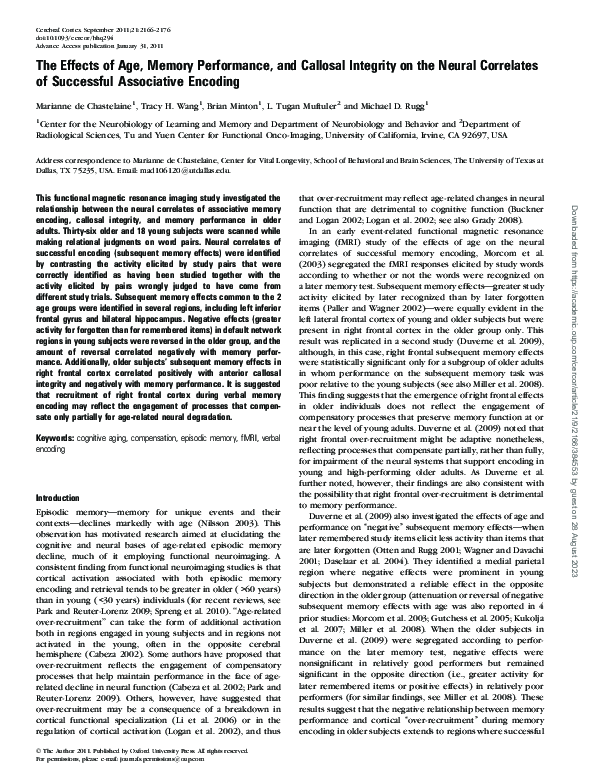 (PDF) The Effects of Age, Memory Performance, and Callosal Integrity on ...