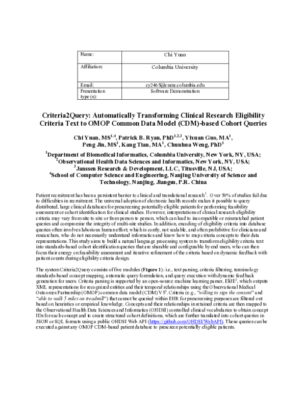 (PDF) Criteria2Query: Automatically Transforming Clinical Research ...