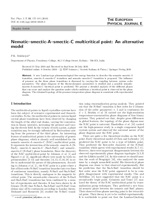 (PDF) Nematic-smectic-A-smectic-C multicritical point: An alternative model