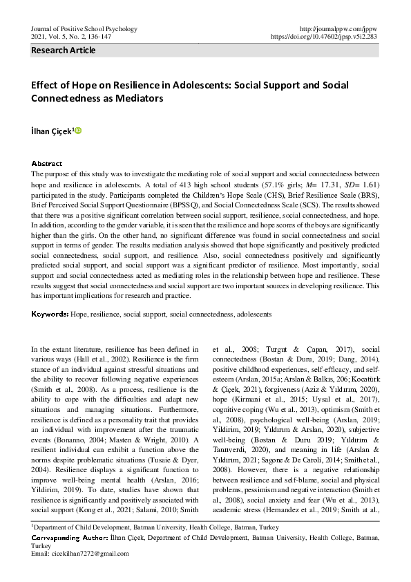 (PDF) Effect of Hope on Resilience in Adolescents: Social Support and ...