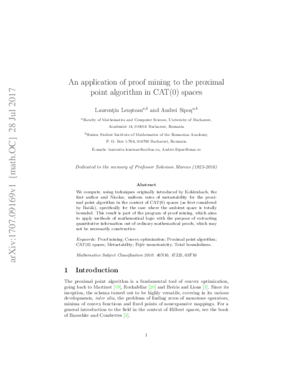 (PDF) An Application of Proof Mining to the Proximal Point Algorithm in ...