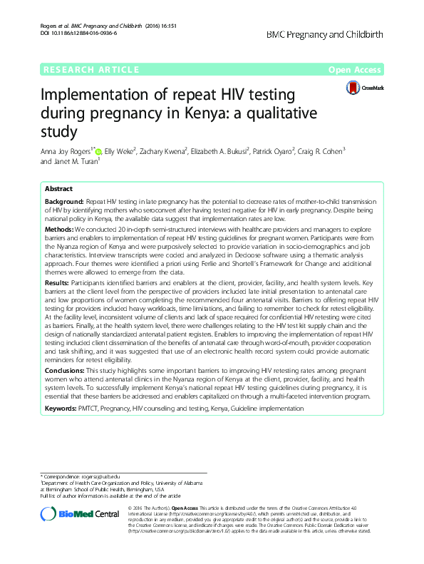 (PDF) Implementation of repeat HIV testing during pregnancy in Kenya a