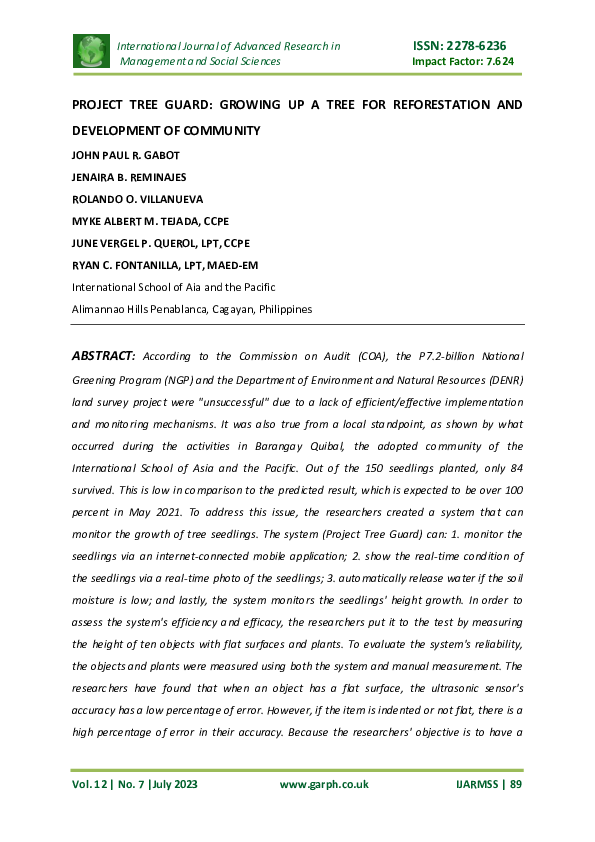 (PDF) PROJECT TREE GUARD: GROWING UP A TREE FOR REFORESTATION AND ...
