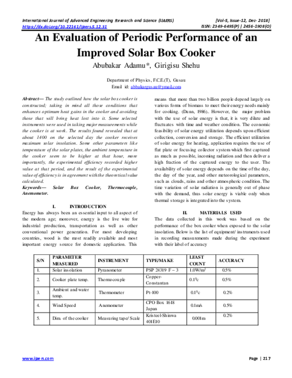 (PDF) An Evaluation of Periodic Performance of an Improved Solar Box Cooker