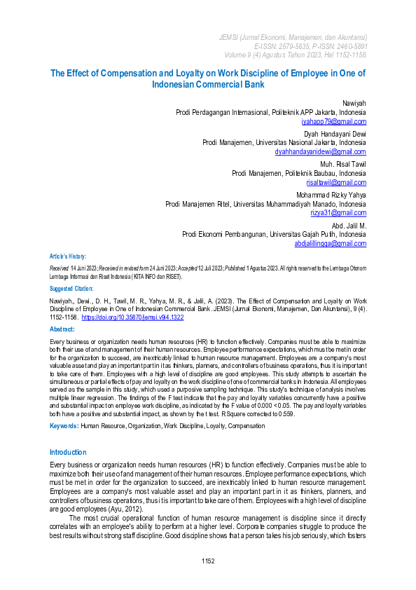 (PDF) The Effect of Compensation and Loyalty on Work Discipline of ...