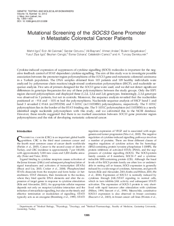 (PDF) Mutational Screening of the SOCS3 Gene Promoter in Metastatic ...