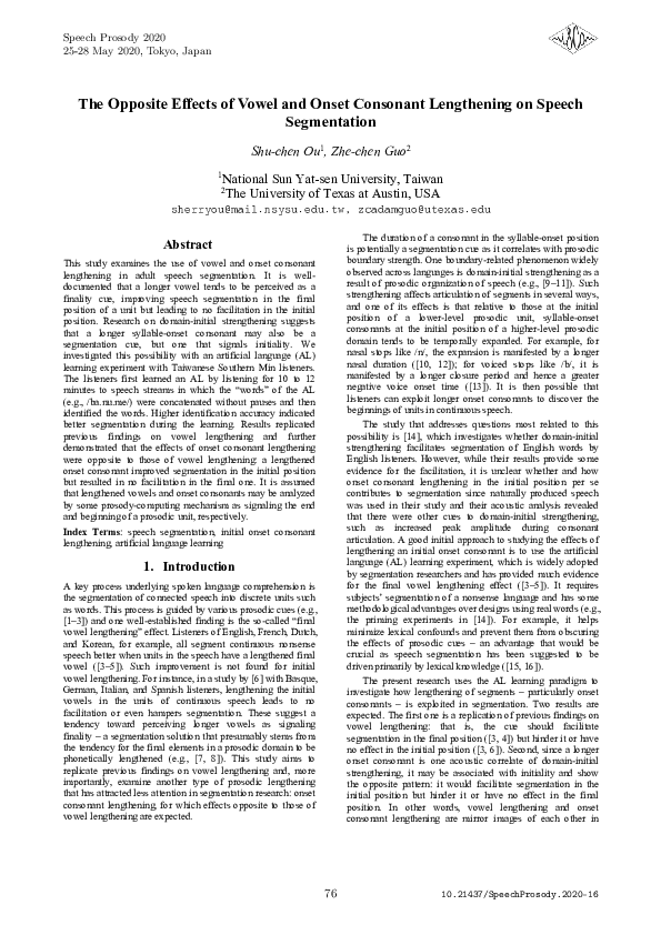 (PDF) The Opposite Effects of Vowel and Onset Consonant Lengthening on ...