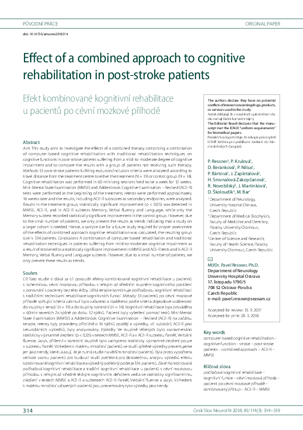 (PDF) Effect of a combined approach to cognitive rehabilitation in post ...