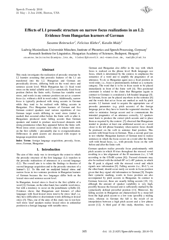 (PDF) Effects of L1 prosodic structure on narrow focus realizations in ...