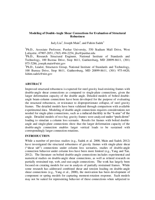 (PDF) Modeling of Double-Angle Shear Connections for the Evaluation of ...