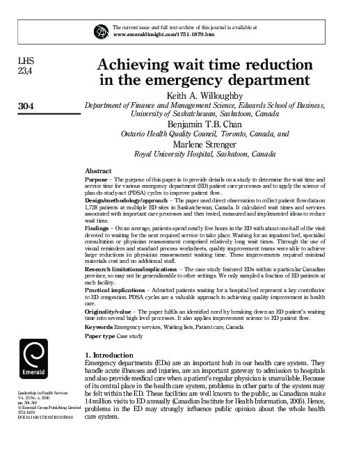 (PDF) Achieving wait time reduction in the emergency department