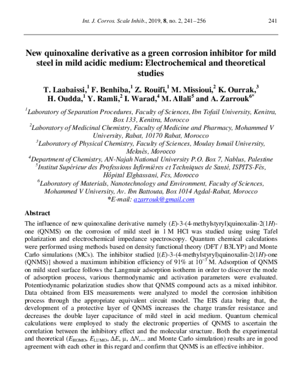 (PDF) New quinoxaline derivative as a green corrosion inhibitor for ...