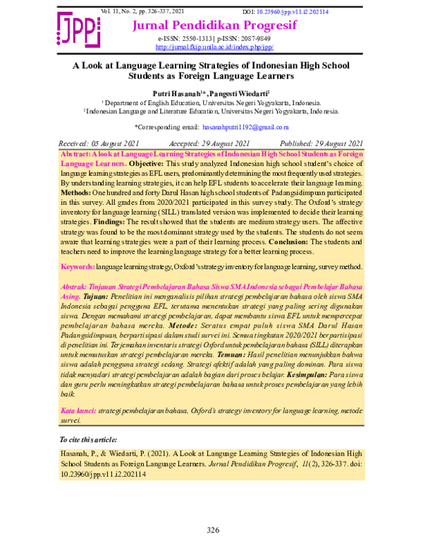 (PDF) A Look at Language Learning Strategies of Indonesian High School ...