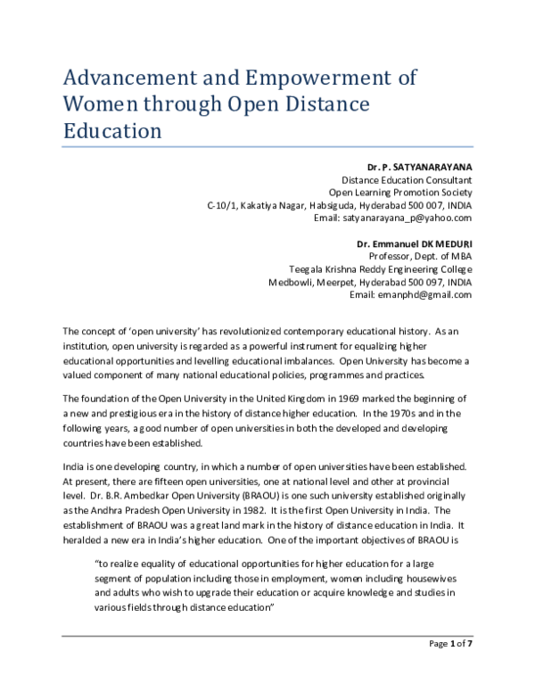 (PDF) Advancement and Empowerment of Women through Open Distance Education