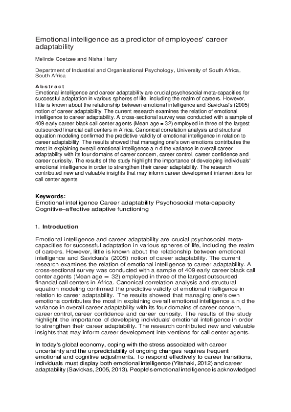 (PDF) Emotional intelligence as a predictor of employees' career ...