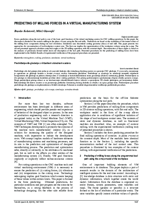 (PDF) Predicting of milling forces in a virtual manufacturing system ...
