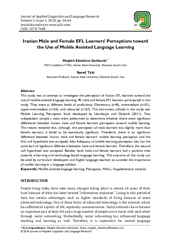 (PDF) Iranian Male and Female EFL Learners' Perceptions toward the Use ...